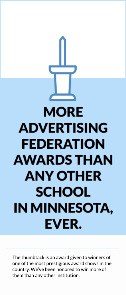 More Advertising Federation awards than any other school in Minnesota, ever. The thumbtack is an award given to winners of one of the most prestigious award shows in the country. We’ve been honored to win more of them then any other institution.