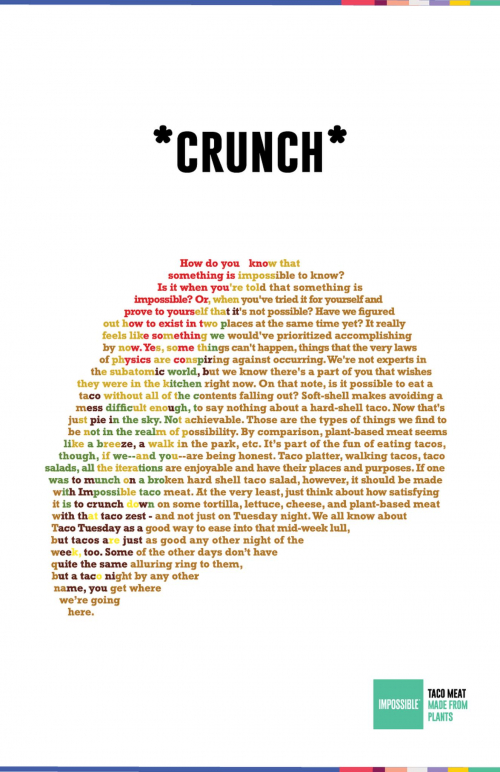 Crunch - Text illustration in the shape of a taco. Toco Meat - Made From Plants
