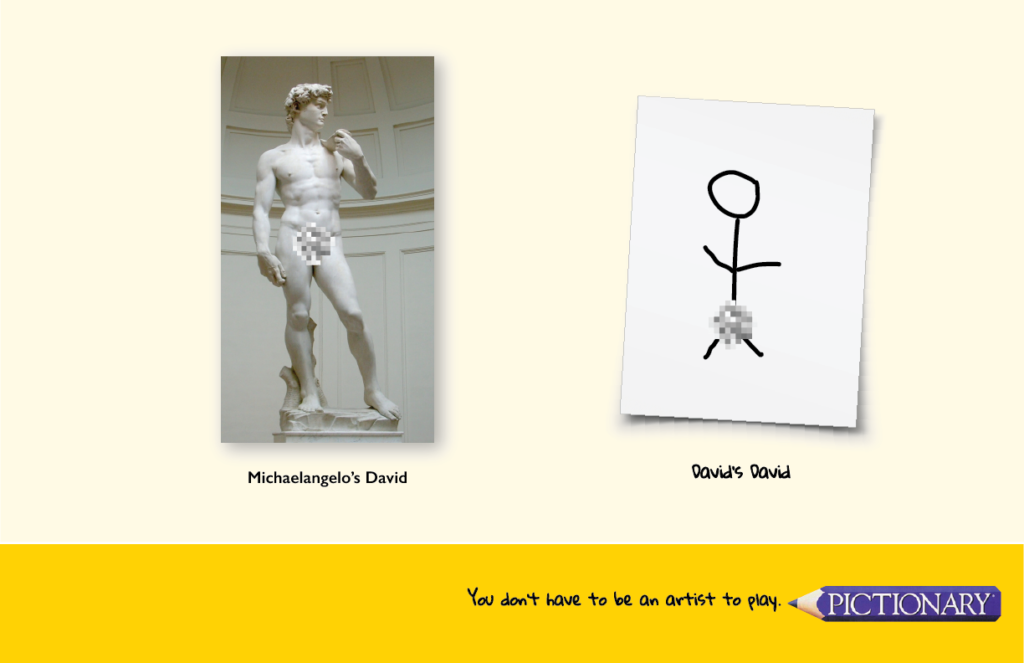 Censored image of Michaelangelo's David next to Censored Stick figure of David's David.