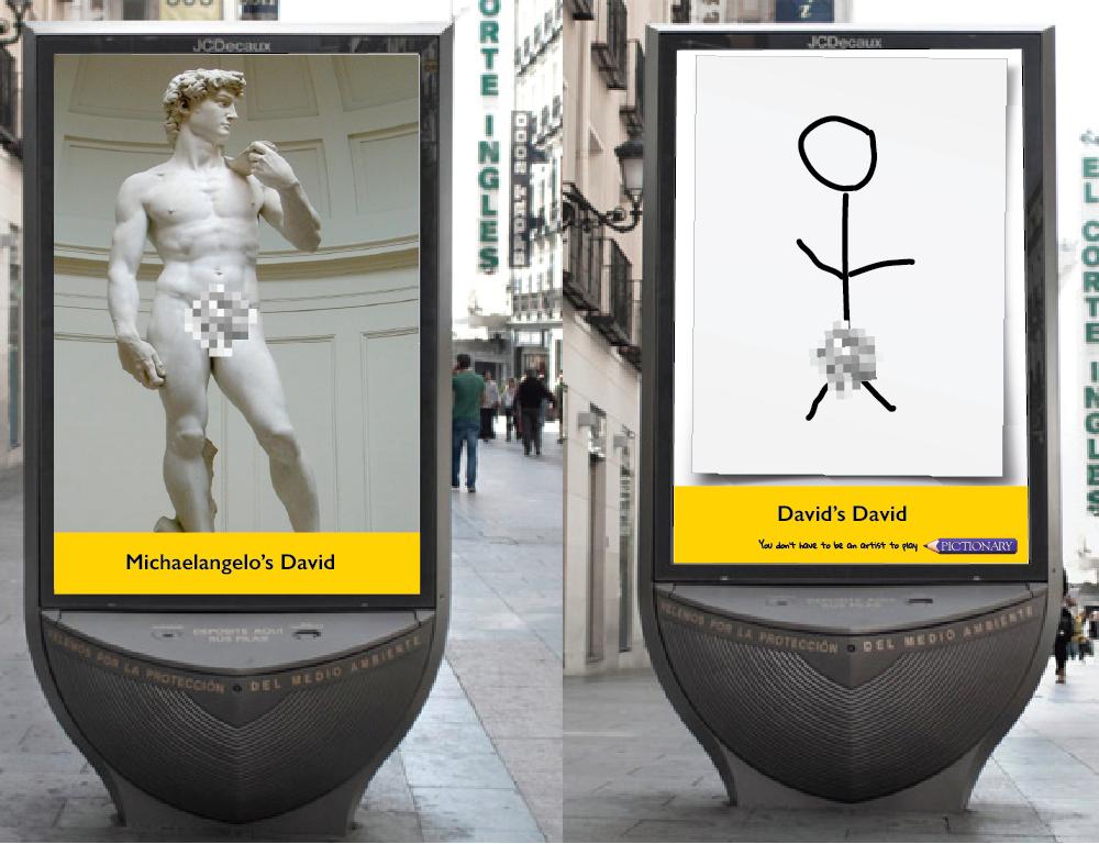 Sidewalk Video Board - Censored image of the statue of David, cycles to censored stick figure of David's David