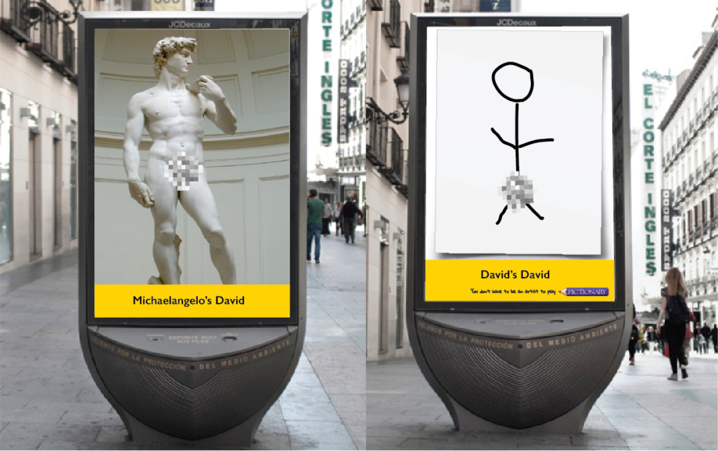 Sidewalk Video Board - Censored image of the statue of David, cycles to censored stick figure of David's David