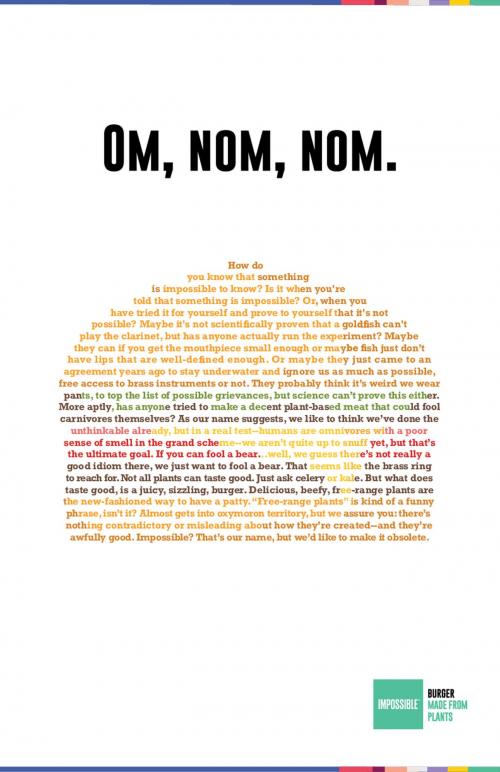 Om, Nom, Nom. - Text illustration in the shape of a Burger.  Burger Meat - Made From Plants