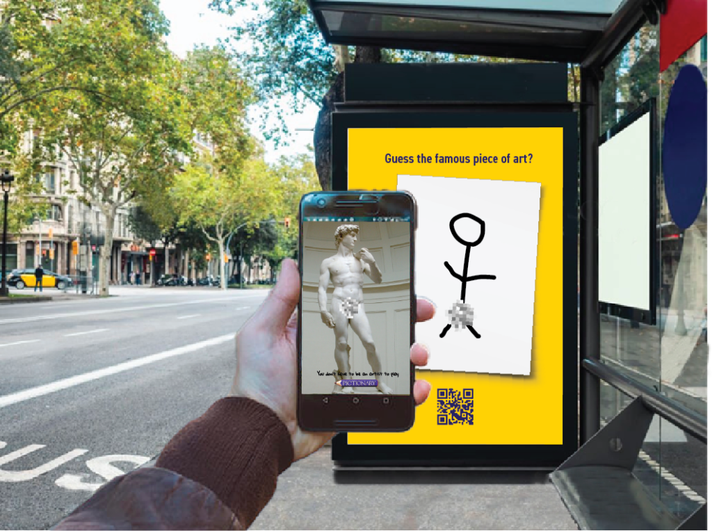 Bus Shelter, Augmented Reality - A censored stick figure of David's David | Guess the famous piece of art?