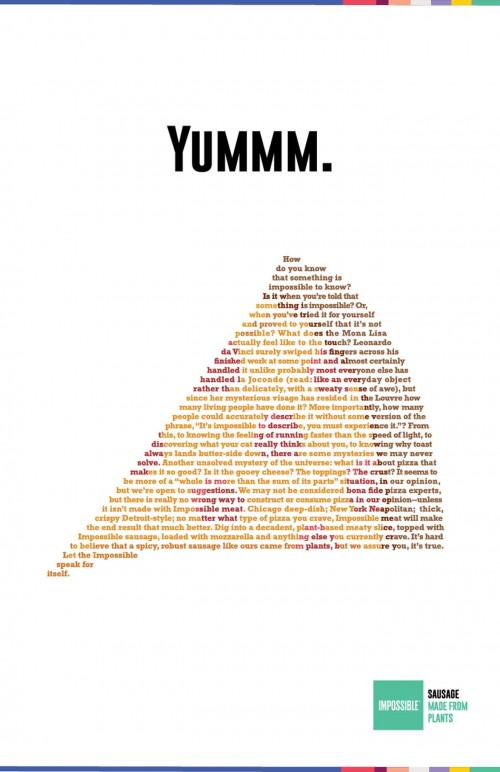 Yummm. - Text illustration in the shape of a pizza slice.  Sausage - Made From Plants